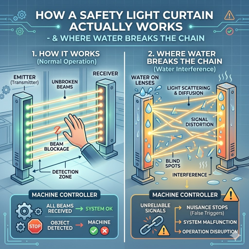 How a Safety Light Curtain Actually Works — and Where Water Breaks the Chain