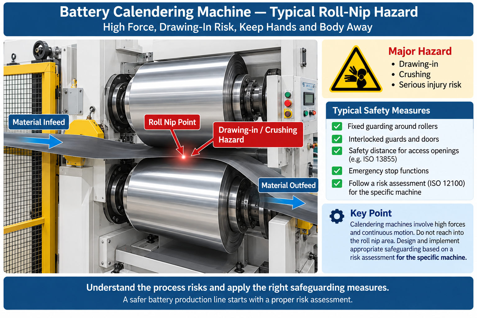 Battery calendering machine roll-nip hazard showing drawing-in and crushing risks between rotating rolls