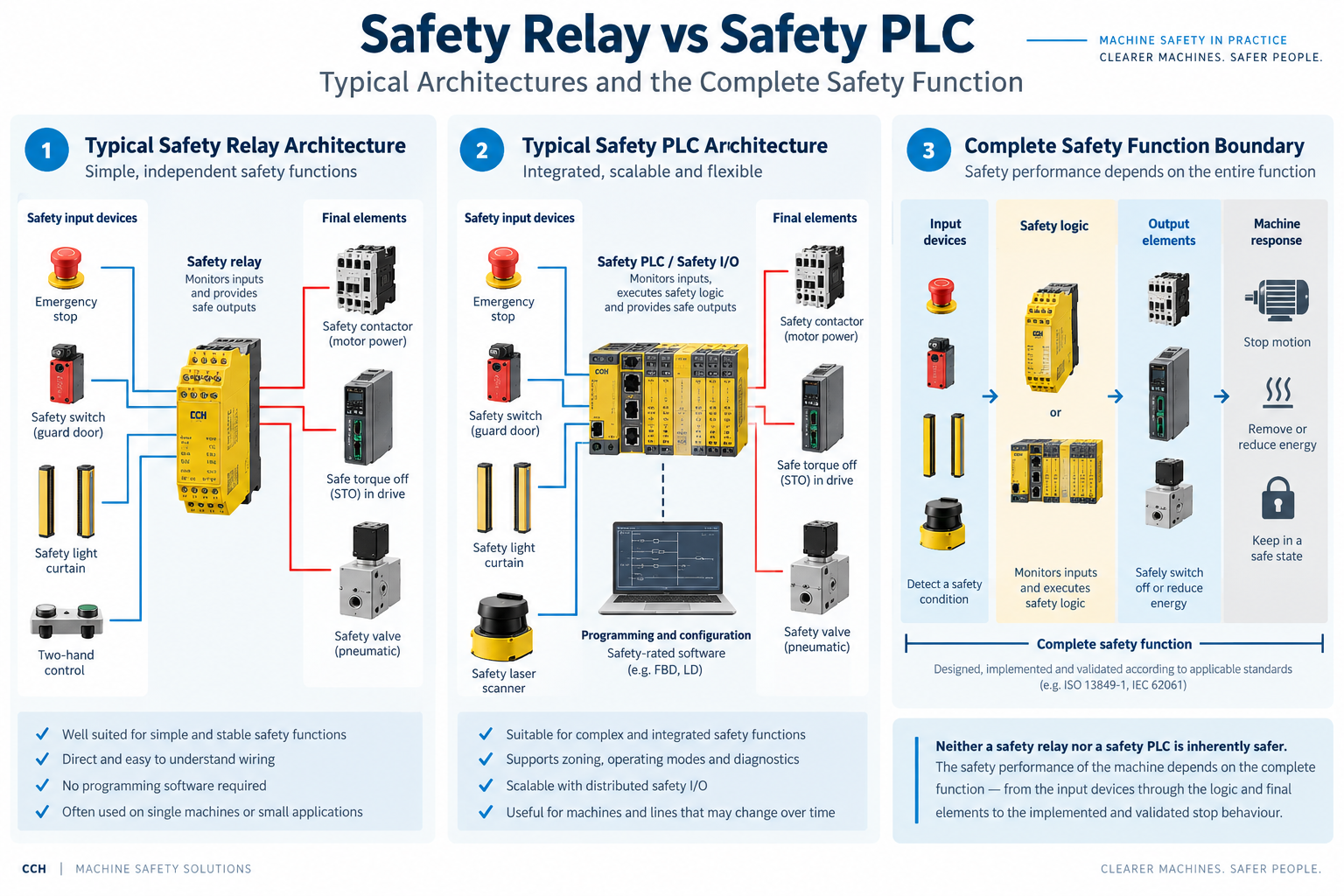 Relais de sécurité vs architecture de PLC de sécurité et fonction de sécurité complète