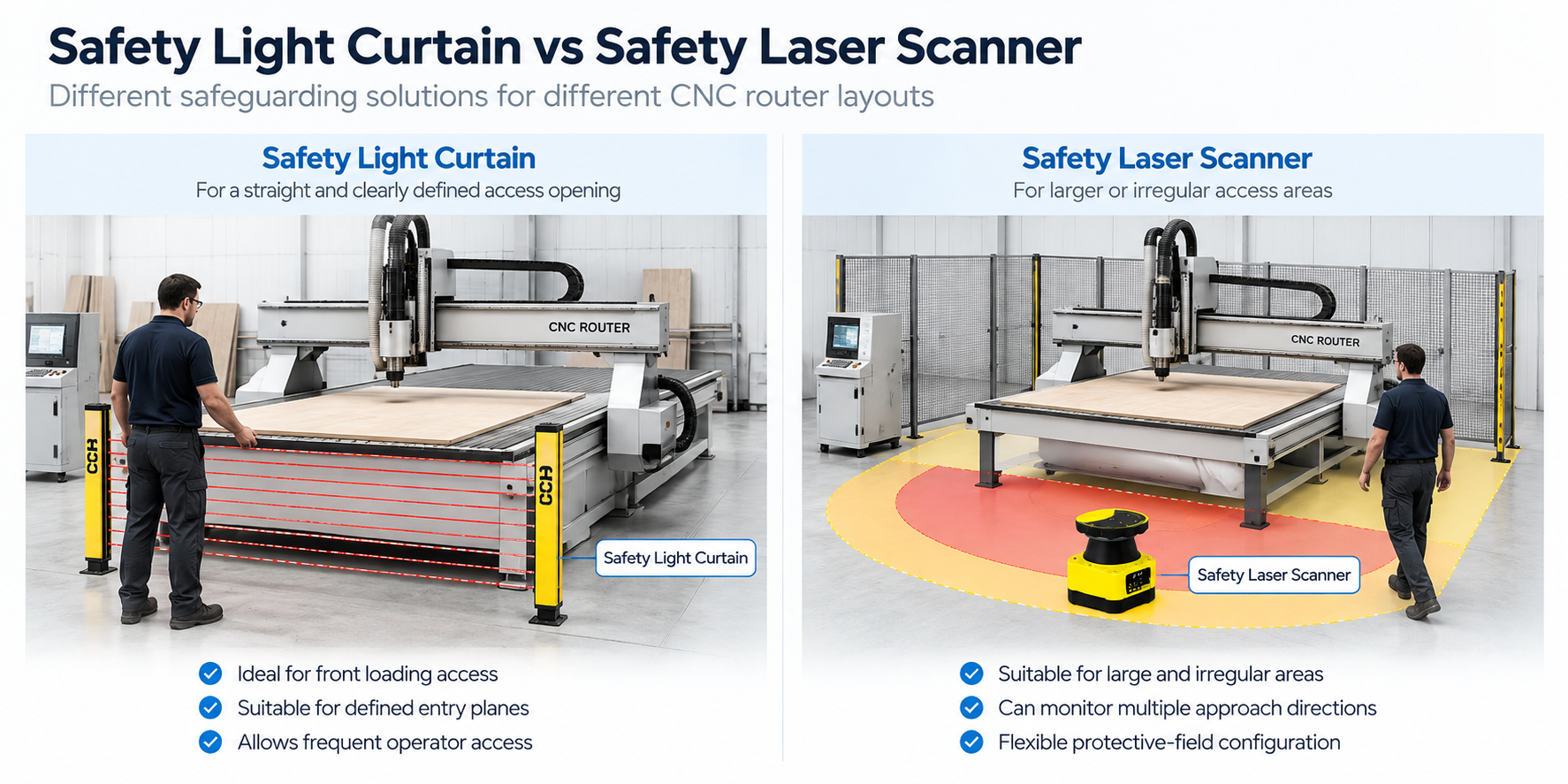 Safety light curtain vs safety laser scanner for different CNC router layouts